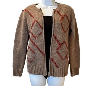 Zip Front Cardigan Sweater 100% Lambswool‎ Small Brown Red High quality and WARM